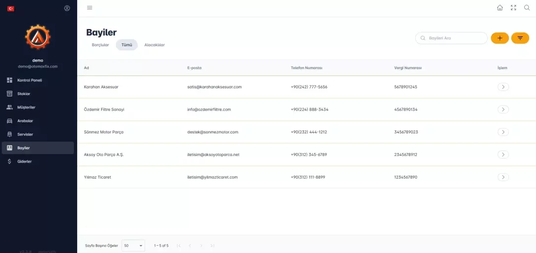 Oto Servis Bayi Yönetimi ve Cari Takip Sistemi